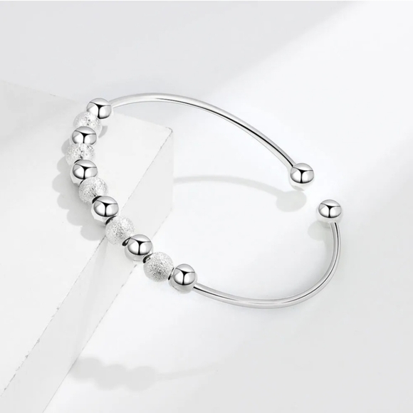 Silver Beaded Bangle Bracelet Adjustable Loose Fit Elegant Dainty Bracelets - Picture 5 of 16